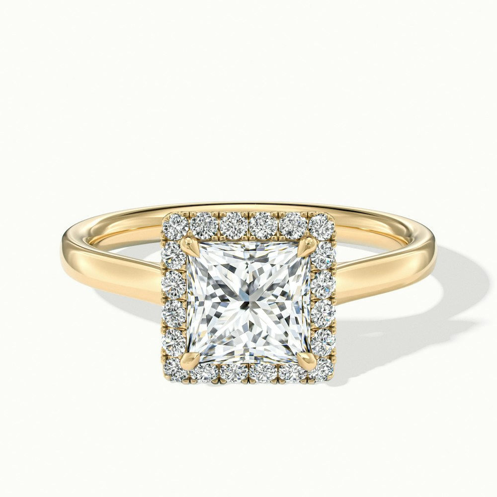 Bela 2.5 Carat Princess Cut Halo Moissanite Engagement Ring in 18k Yellow Gold