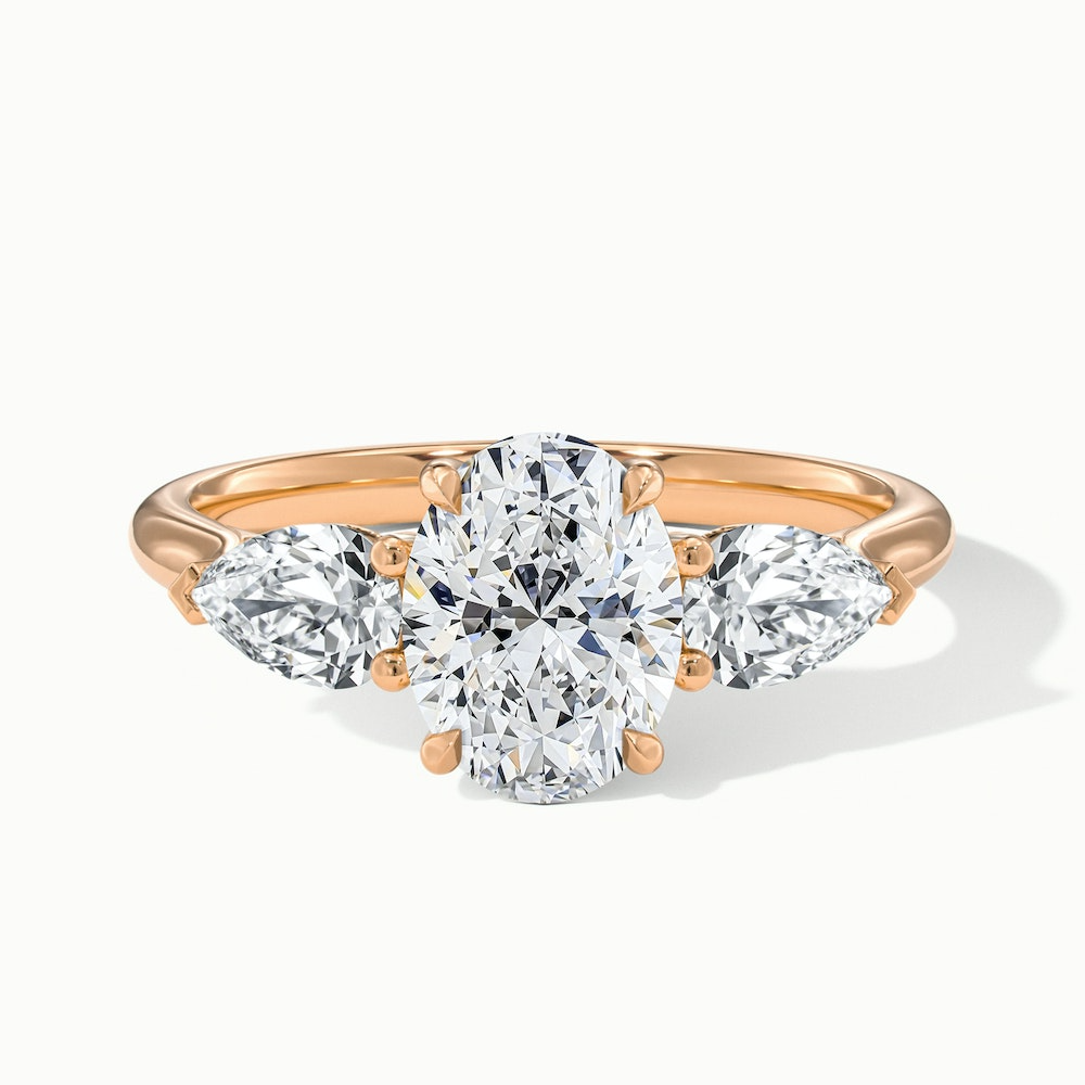 Ceci 10 Carat Three Stone Oval Halo Moissanite Engagement Ring in 18k Rose Gold