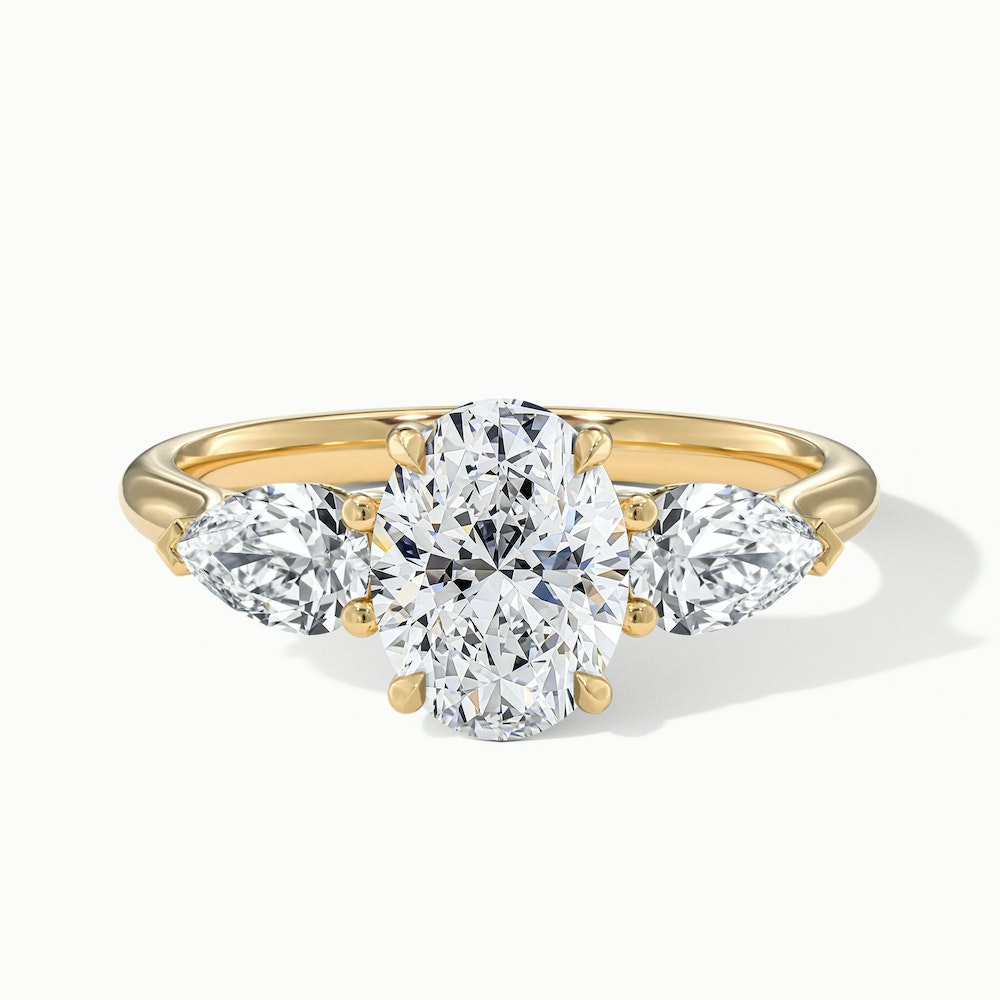 Ceci 8 Carat Three Stone Oval Halo Moissanite Engagement Ring in 18k Yellow Gold