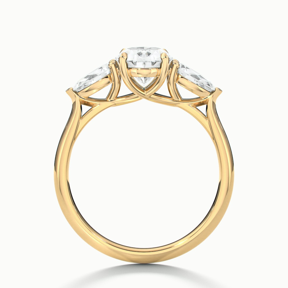 Ceci 10 Carat Three Stone Oval Halo Moissanite Engagement Ring in 14k Yellow Gold