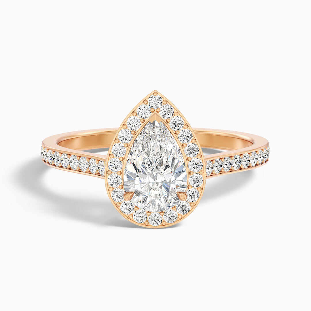 Zara 3 Carat Pear Halo Pave Lab Grown Engagement Ring in 18k Rose Gold - Front View