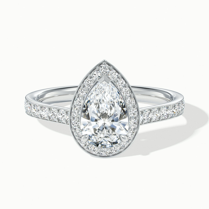 Elena 2 Carat Pear Halo Pave Moissanite Diamond Ring in 18k White Gold