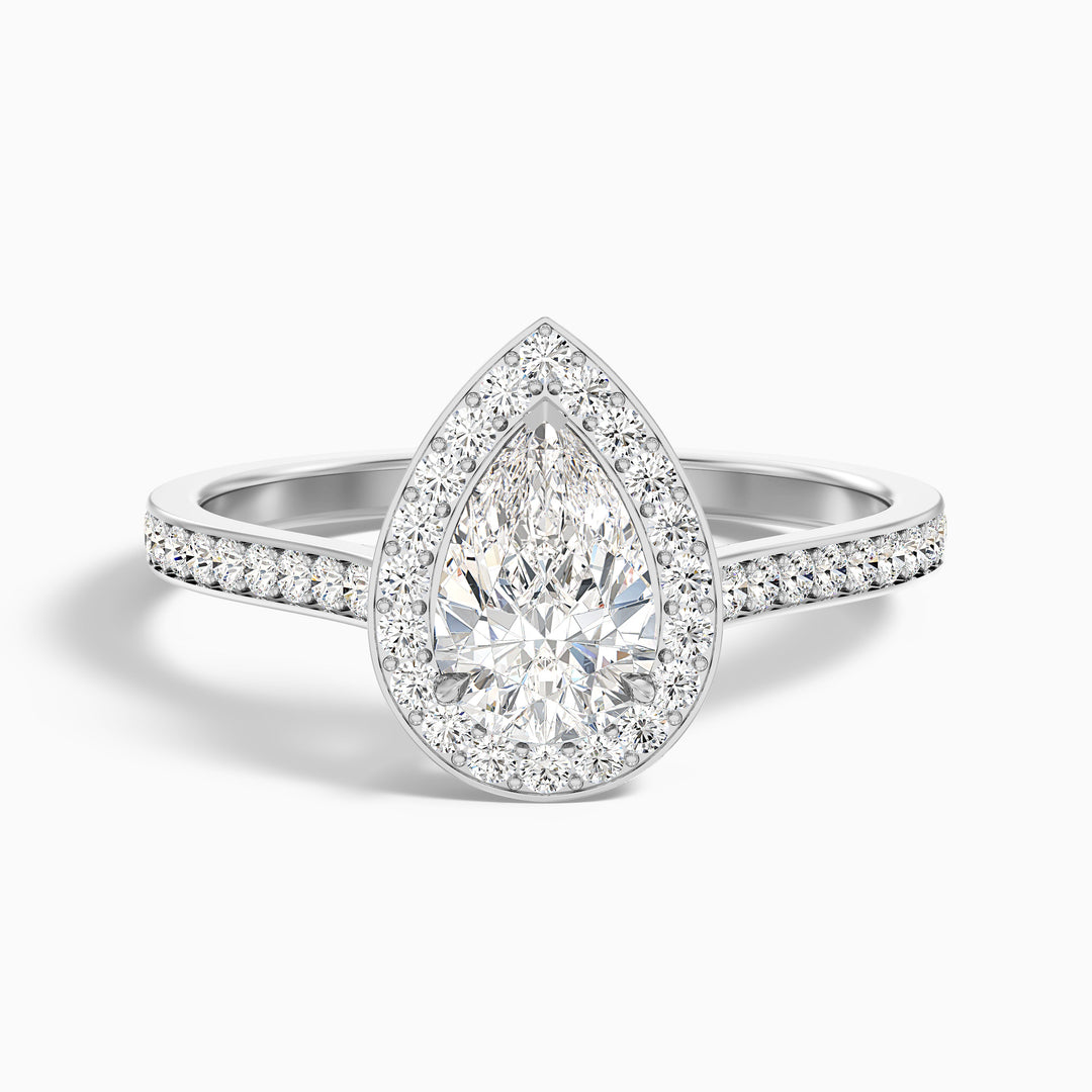 Zara 1 Carat Pear Halo Pave Lab Grown Engagement Ring in 10k White Gold - Front View