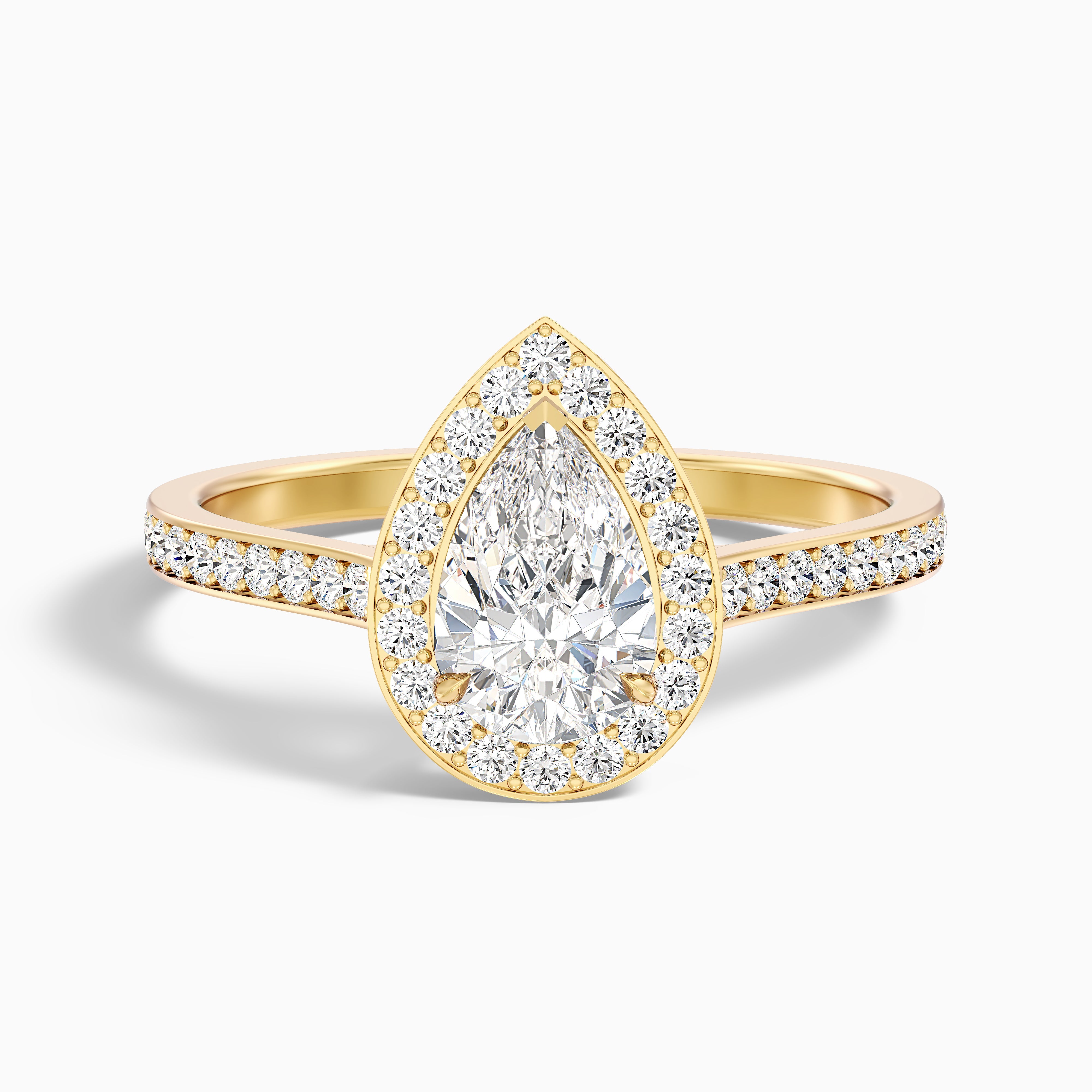 Zara 2.5 Carat Pear Halo Pave Lab Grown Engagement Ring in 14k Yellow Gold