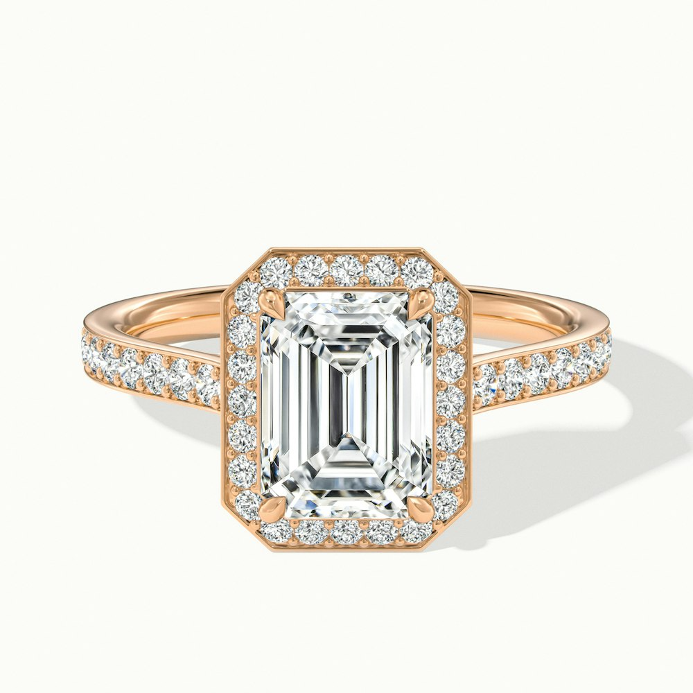 Bell 6 Carat Emerald Cut Halo Pave Moissanite Engagement Ring in 14k Rose Gold