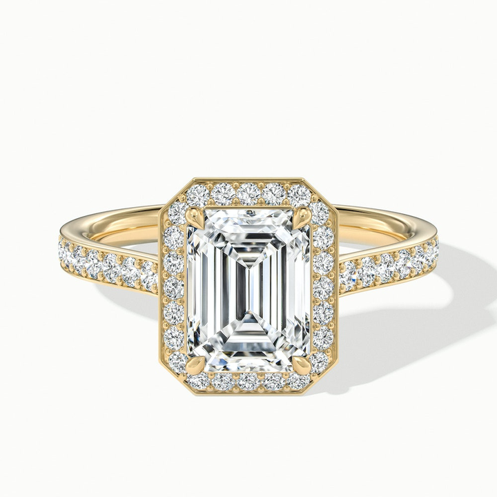 Bell 8 Carat Emerald Cut Halo Pave Moissanite Engagement Ring in 10k Yellow Gold