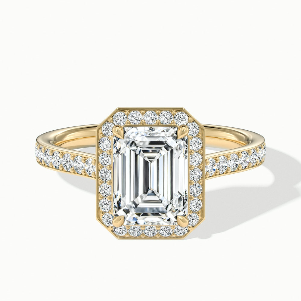 Bell 9 Carat Emerald Cut Halo Pave Moissanite Engagement Ring in 18k Yellow Gold