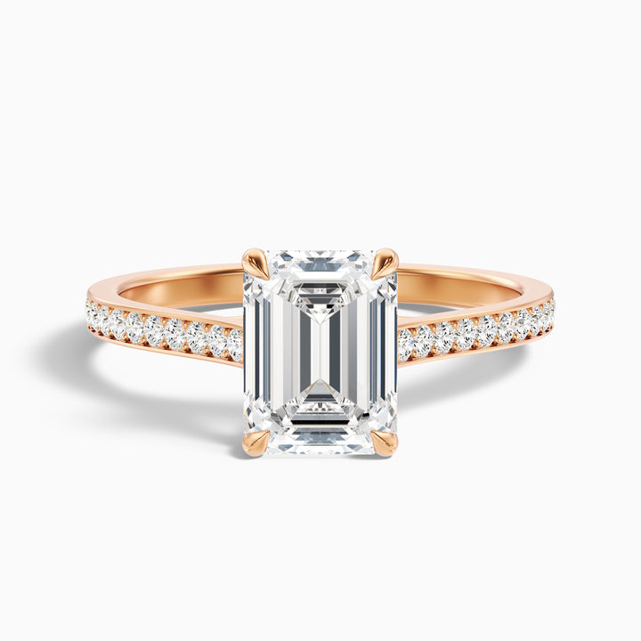 Faye 5 Carat Emerald Cut Side Stone Pave Lab Grown Engagement Ring in 18k Rose Gold - Front View