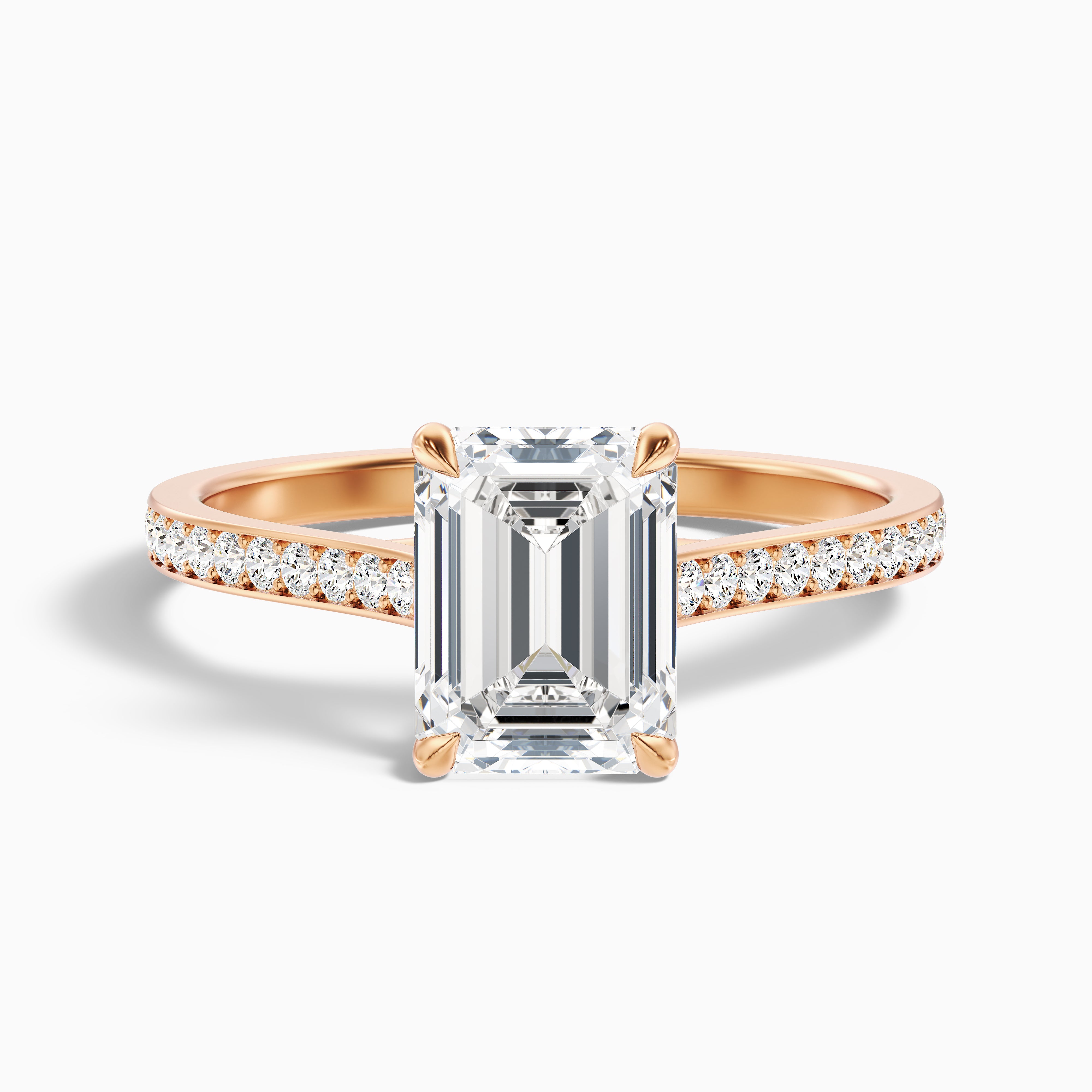 Enni 1 Carat Emerald Cut Side Stone Pave Moissanite Diamond Ring in 10k Rose Gold