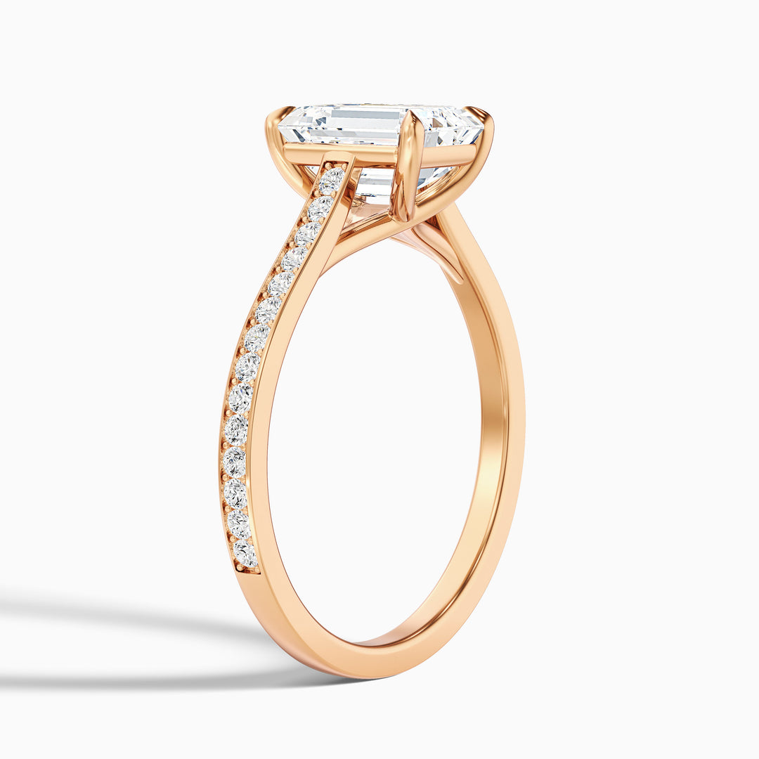 Faye 2.5 Carat Emerald Cut Side Stone Pave Lab Grown Engagement Ring in 10k Rose Gold - Detail View