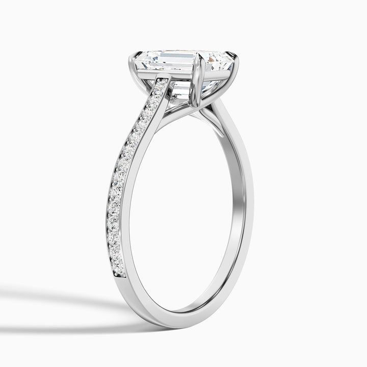 Faye 2 Carat Emerald Cut Side Stone Pave Lab Grown Engagement Ring in 14k White Gold - Detail View