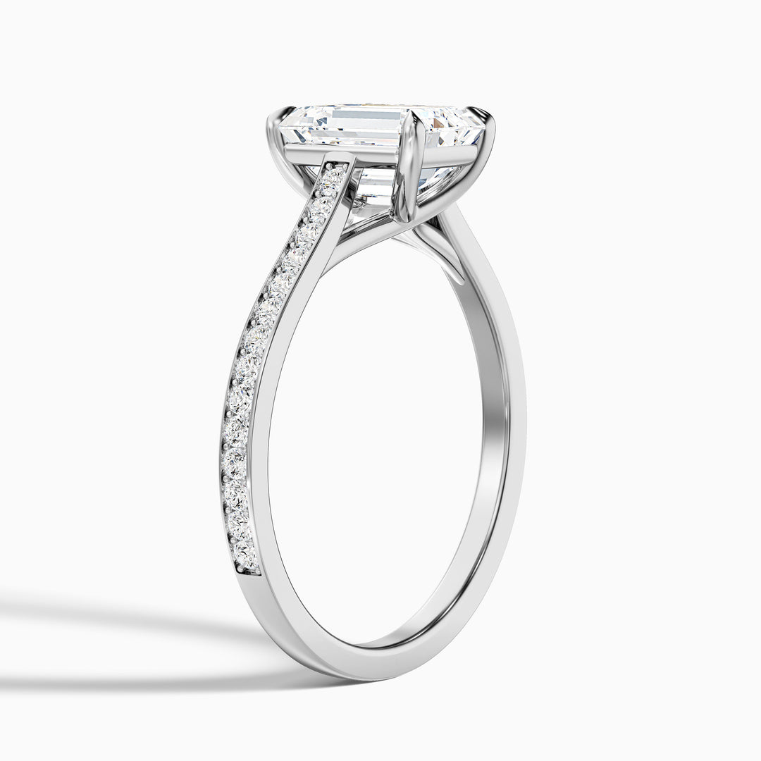 Faye 3 Carat Emerald Cut Side Stone Pave Lab Grown Engagement Ring in Platinum - Detail View