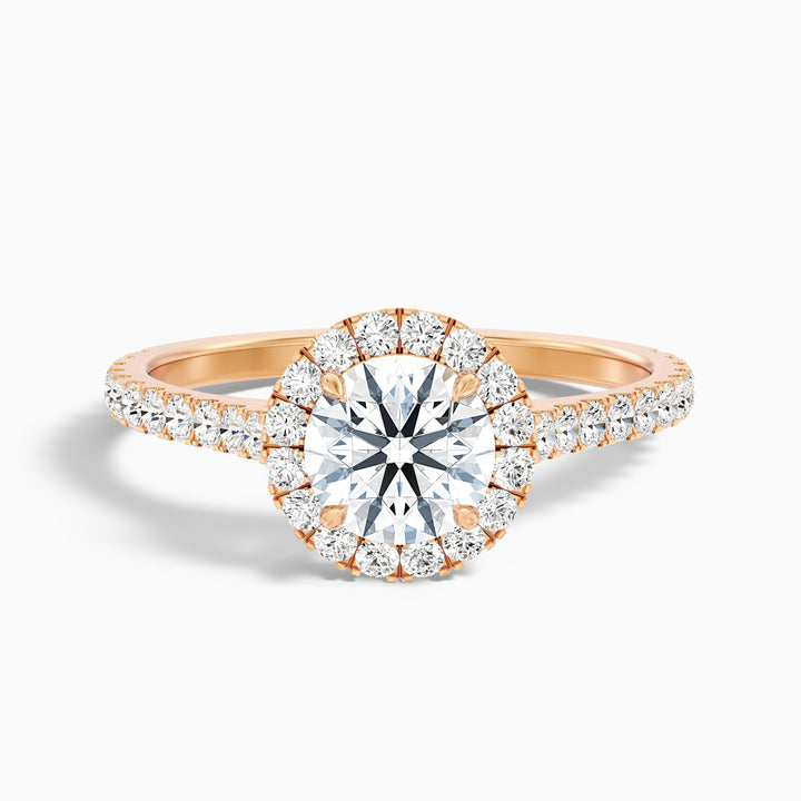 tara 7 carat round halo pave moissanite engagement ring in 14k rose gold -  Front View