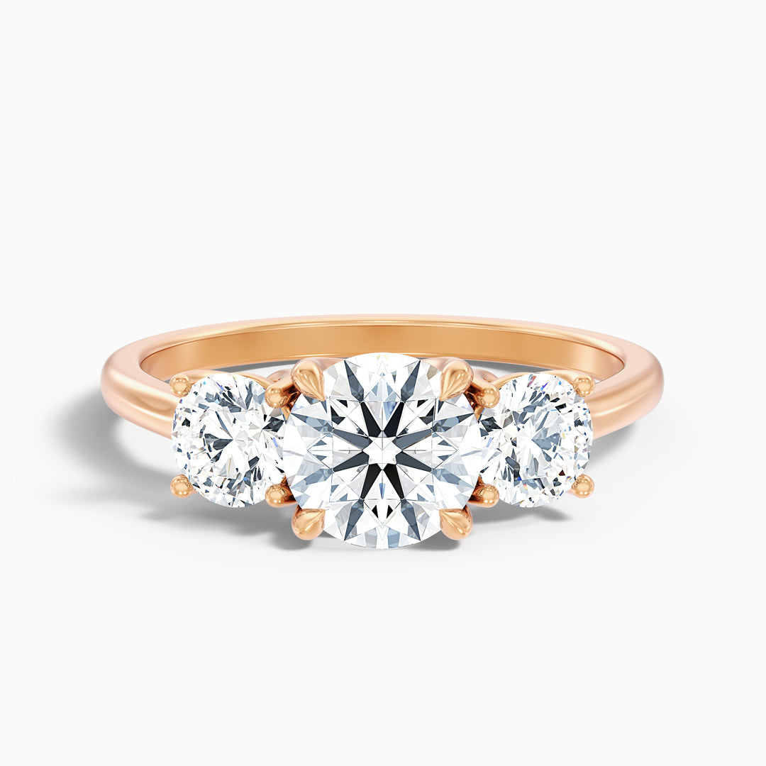 skye 8 carat round 3 stone moissanite engagement ring in 14k rose gold -  Front View