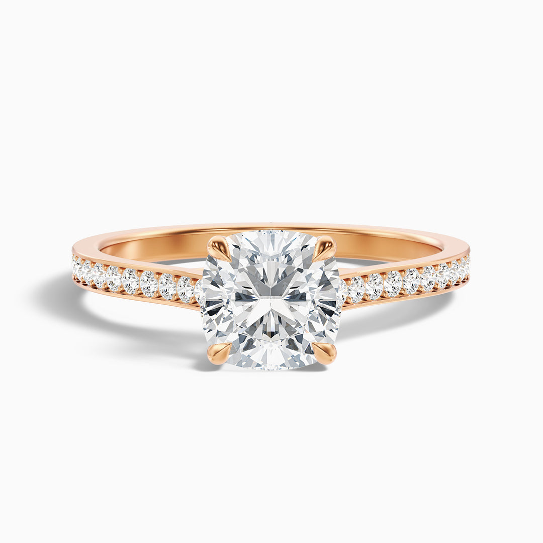 Siya 5 Carat Cushion Cut Side Stone Pave Lab Grown Engagement Ring in 10k Yellow Gold - Front View