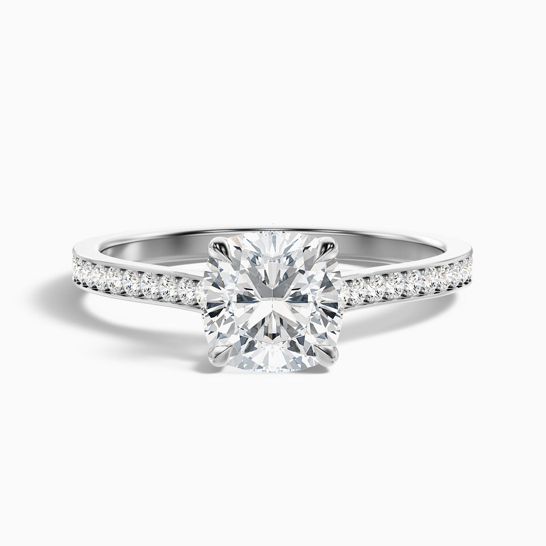 Siya 1.5 Carat Cushion Cut Side Stone Pave Lab Grown Engagement Ring in 10k White Gold - Front View