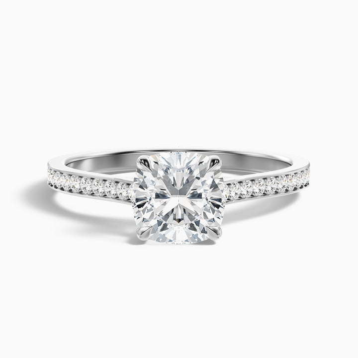 Siya 1.5 Carat Cushion Cut Side Stone Pave Lab Grown Engagement Ring in 10k White Gold - Front View