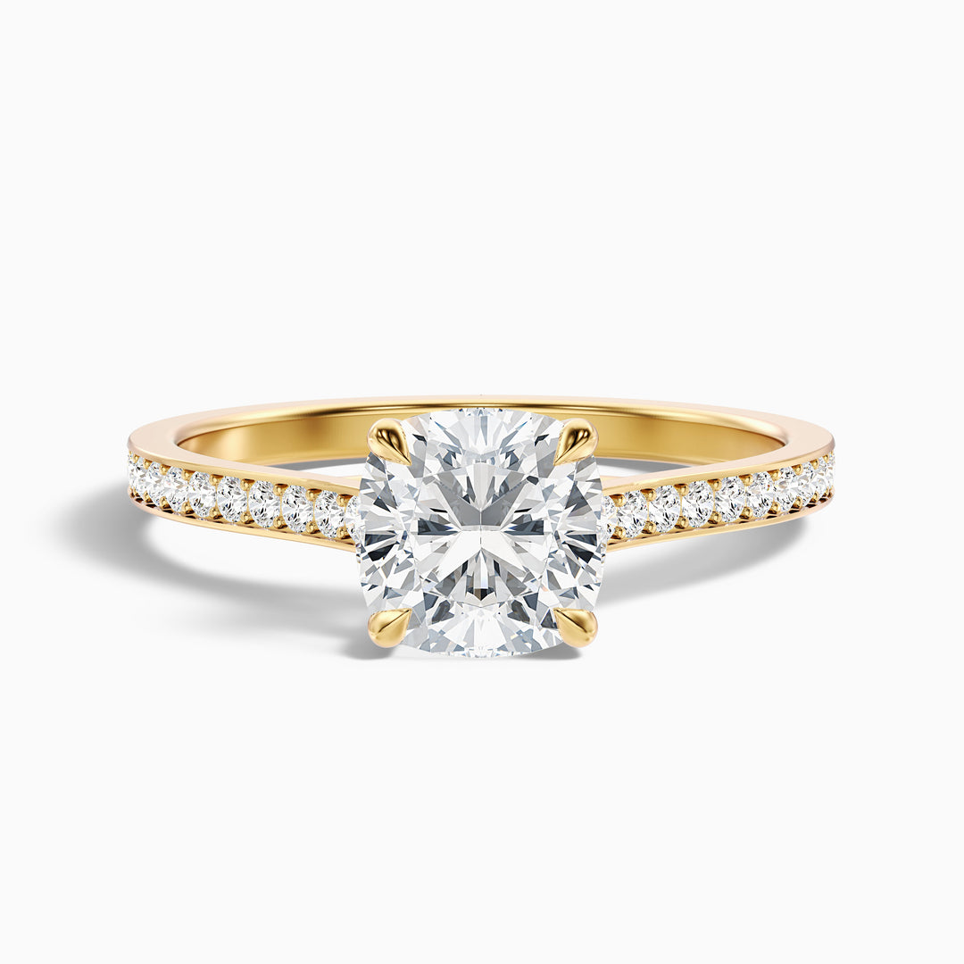 Siya 5 Carat Cushion Cut Side Stone Pave Lab Grown Engagement Ring in 14k Yellow Gold - Front View