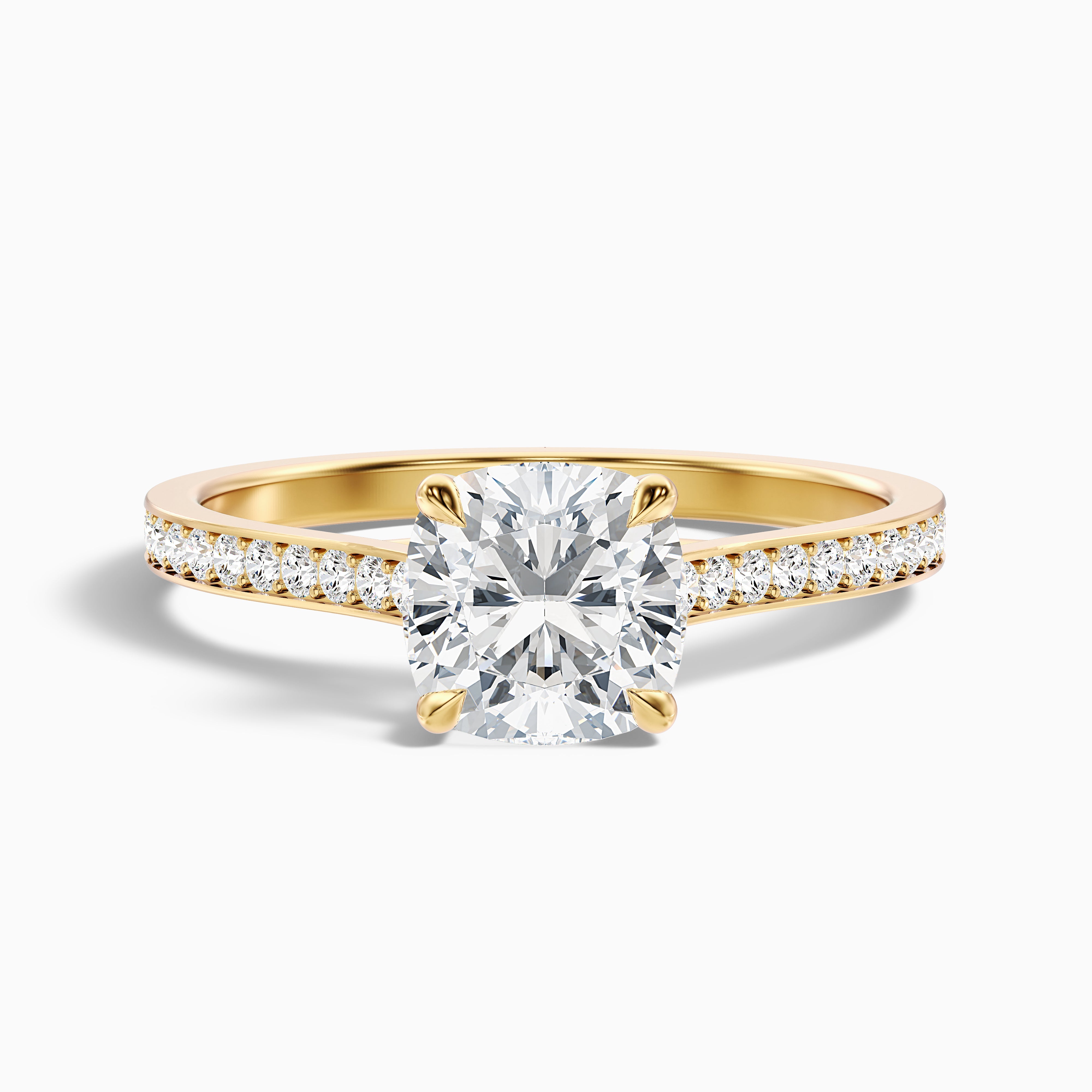 Nina 1 Carat Cushion Cut Side Stone Pave Moissanite Diamond Ring in 10k Yellow Gold