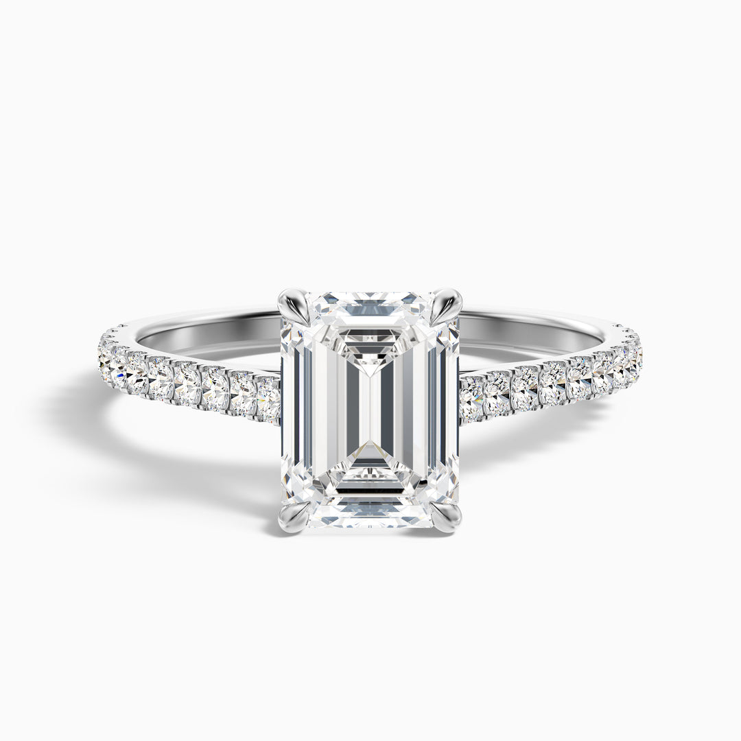 Kira 3 Carat Emerald Cut Side Stone Pave Lab Grown Engagement Ring in 18k White Gold - Front View