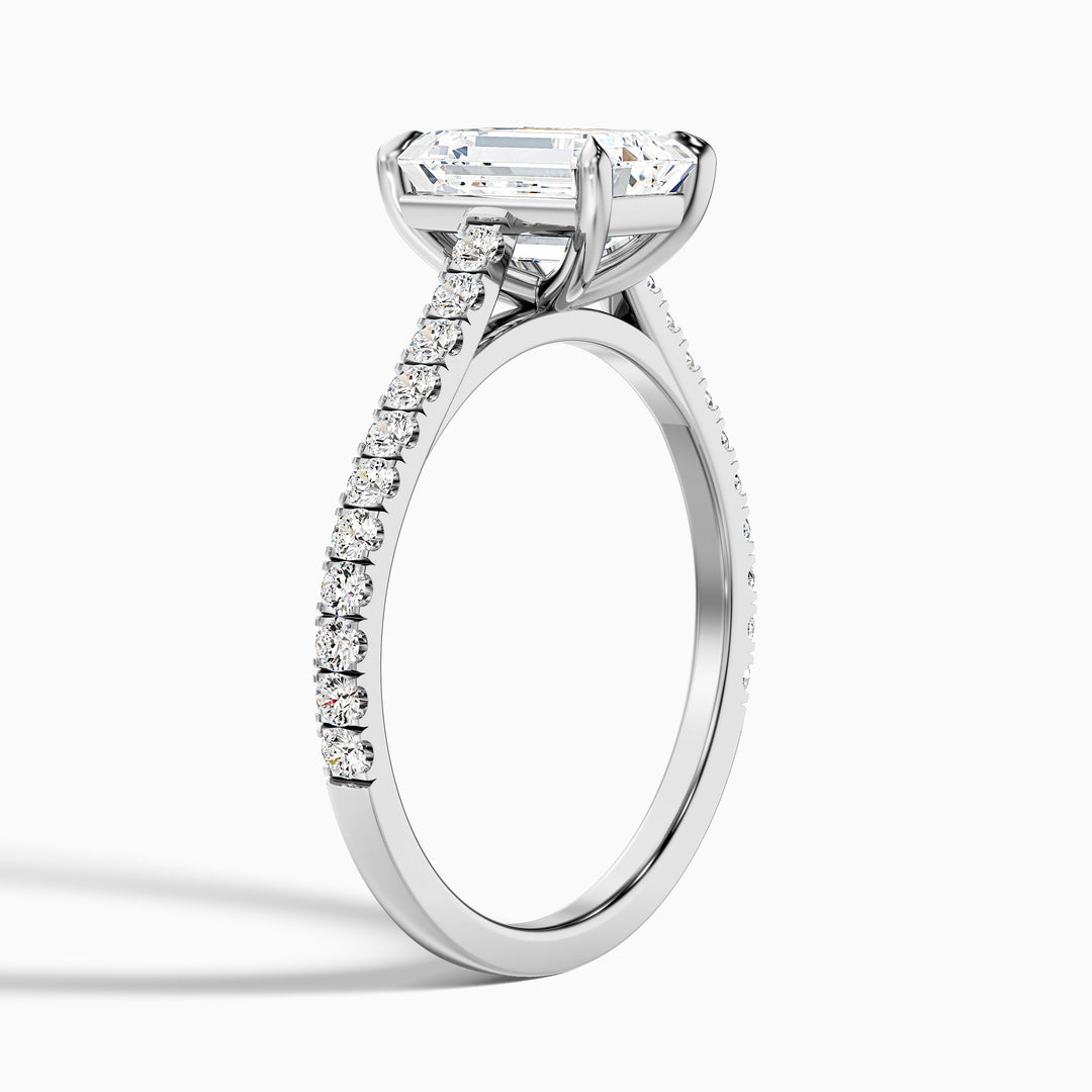 Kira 4 Carat Emerald Cut Side Stone Pave Lab Grown Engagement Ring in 14k White Gold - Detail View