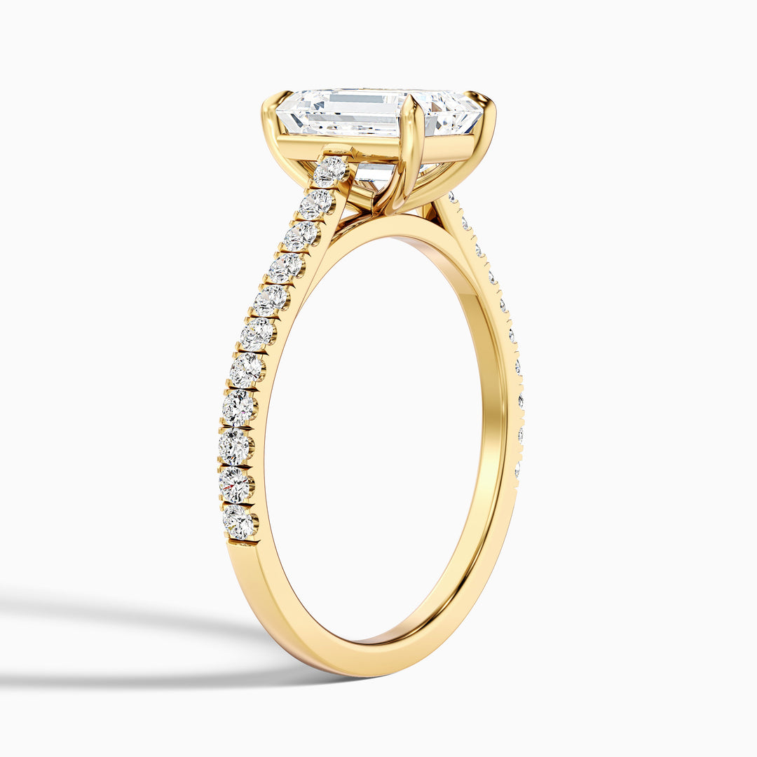 Kira 3 Carat Emerald Cut Side Stone Pave Lab Grown Engagement Ring in 18k Yellow Gold - Detail View