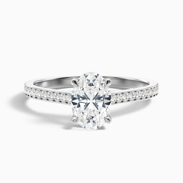 Sky 5 Carat Oval Cut Side Stone Pave Lab Grown Engagement Ring in 18k White Gold - Front View