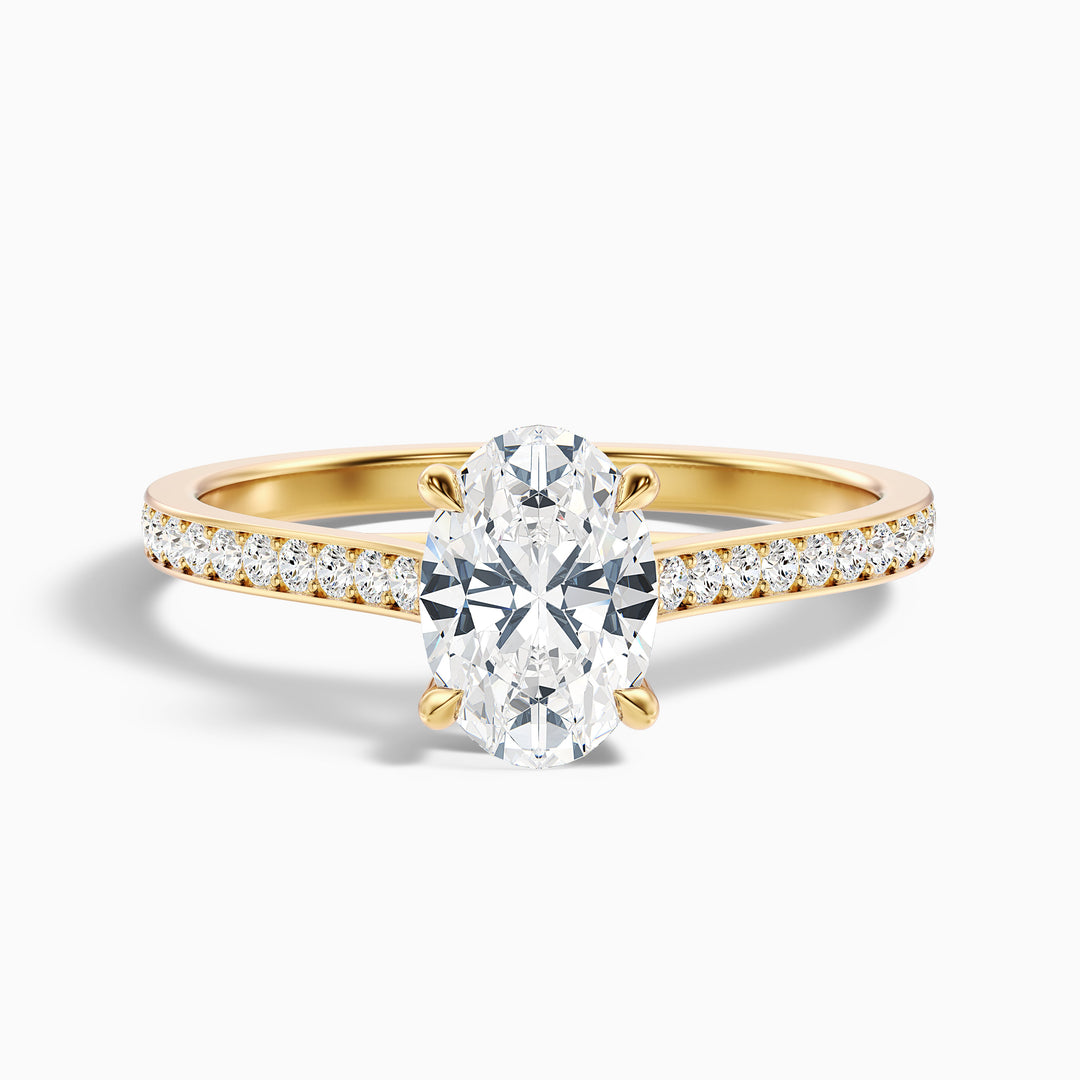 Sky 4 Carat Oval Cut Side Stone Pave Lab Grown Engagement Ring in 10k Yellow Gold - Front View