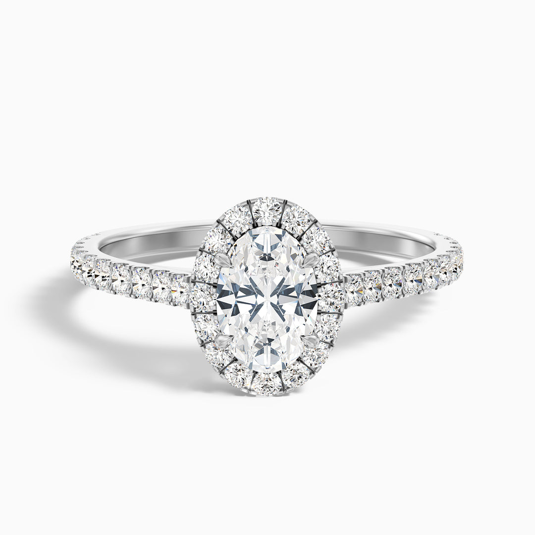 Zia 1.5 Carat Oval Halo Pave Lab Grown Engagement Ring in 10k White Gold - Front View