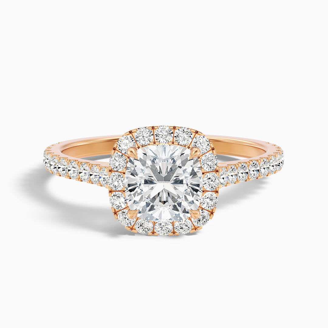 Isa 5 Carat Cushion Cut Halo Pave Lab Grown Engagement Ring in 14k Rose Gold - Front View