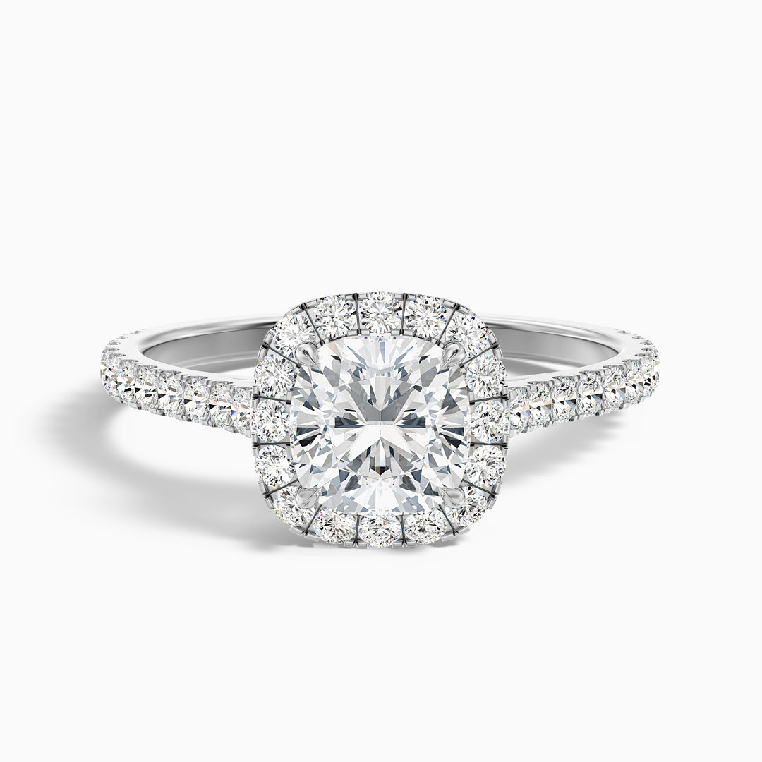 lily 8 carat cushion cut halo pave moissanite diamond ring in 18k white gold -  Front View