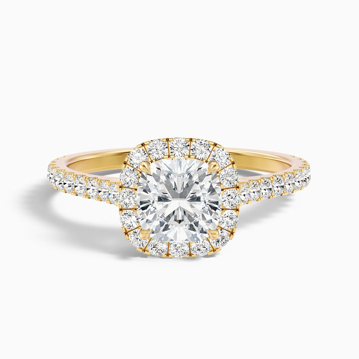 lily 10 carat cushion cut halo pave moissanite diamond ring in 10k yellow gold -  Front View