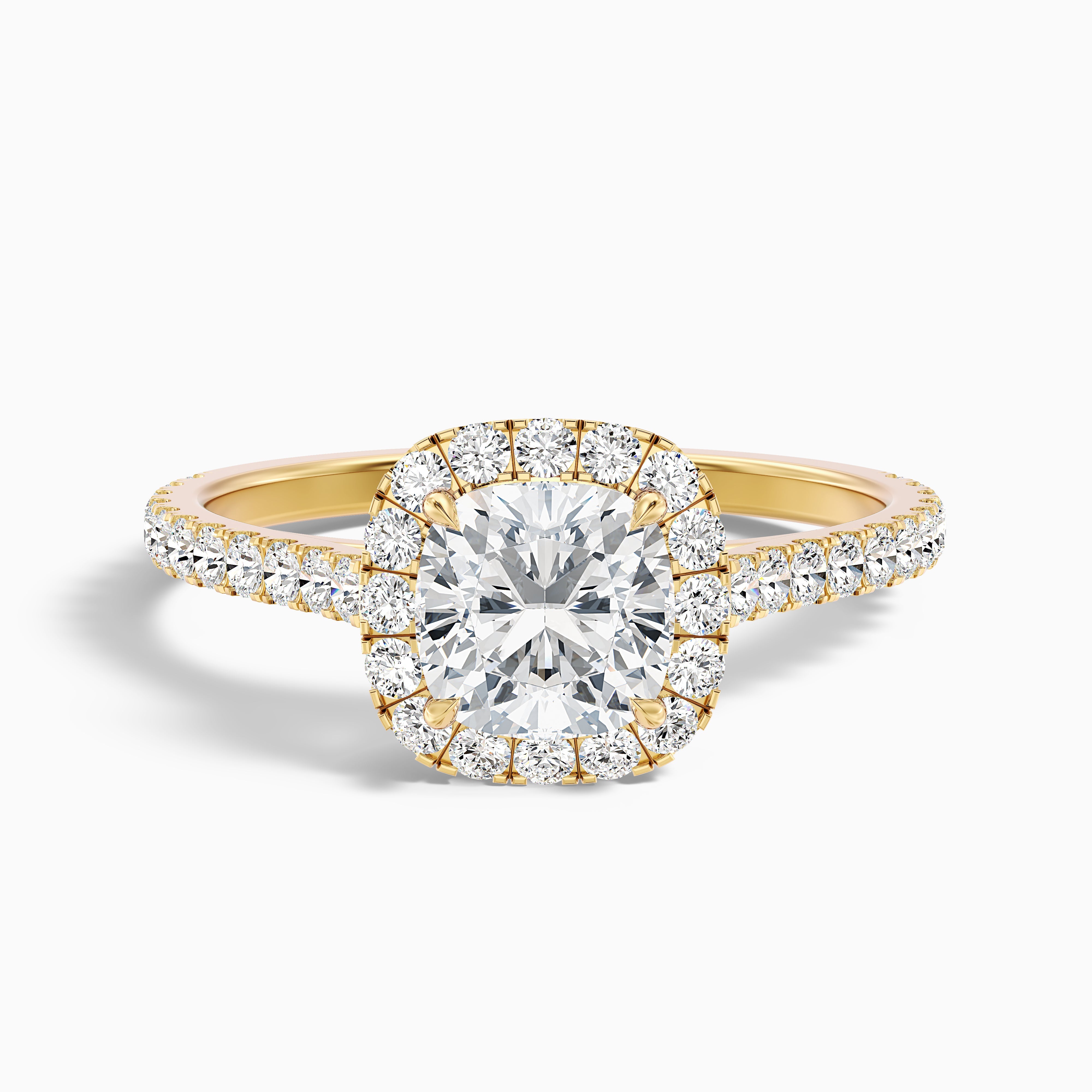 Isa 1.5 Carat Cushion Cut Halo Pave Lab Grown Engagement Ring in 14k Yellow Gold