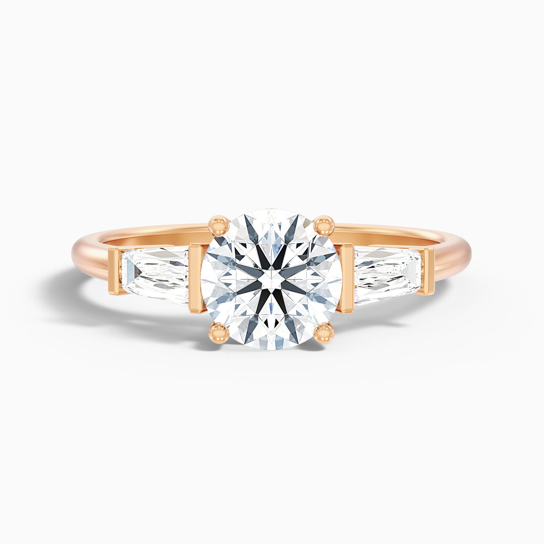 Carly 1.5 Carat Round 3 Stone Lab Grown Engagement Ring With Side Baguette Diamonds in 10k Rose Gold - Front View