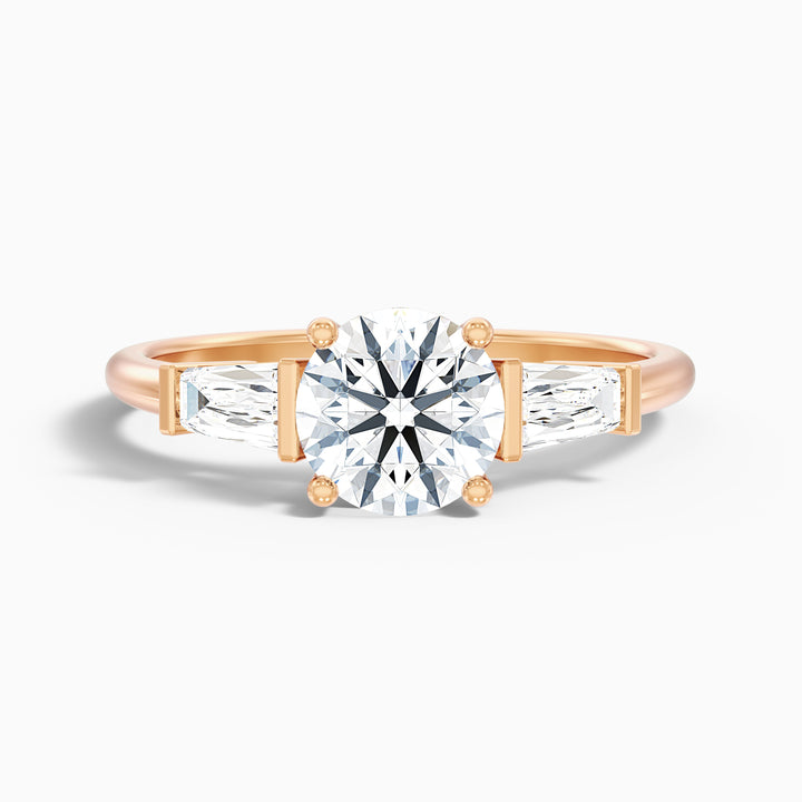 Carly 2 Carat Round 3 Stone Lab Grown Engagement Ring With Side Baguette Diamonds in 10k Rose Gold - Front View