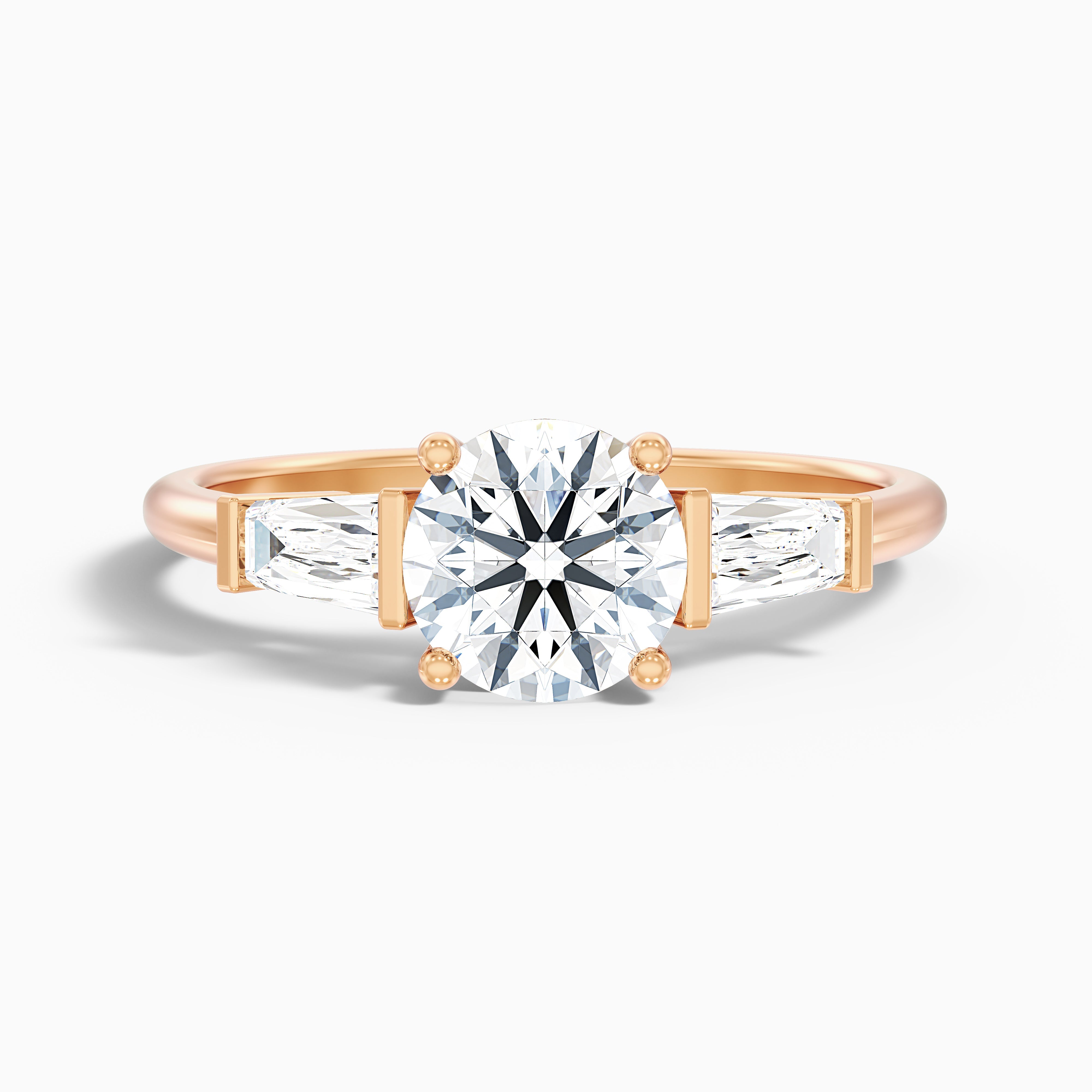 Carly 1 Carat Round 3 Stone Lab Grown Engagement Ring With Side Baguette Diamonds in 10k Rose Gold