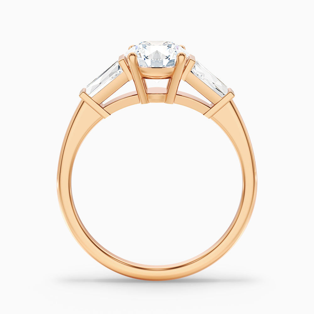 kia 9 carat round 3 stone moissanite diamond ring with side baguette diamonds in 14k rose gold -  Side View