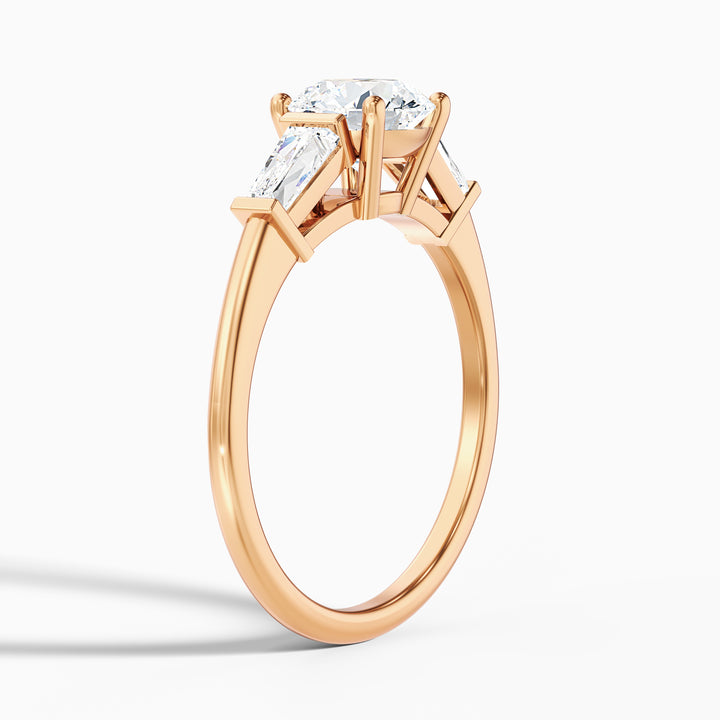 Carly 4.5 Carat Round 3 Stone Lab Grown Engagement Ring With Side Baguette Diamonds in 14k Rose Gold - Detail View