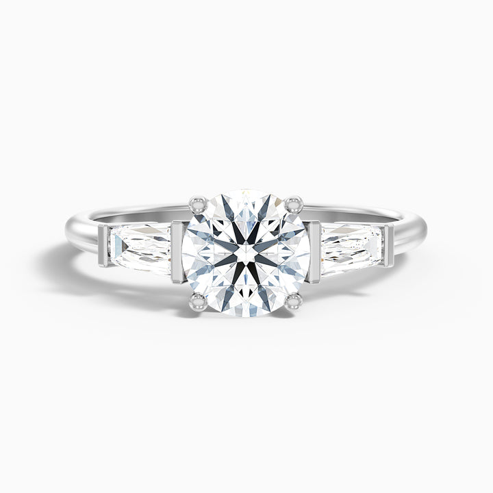 Carly 3 Carat Round 3 Stone Lab Grown Engagement Ring With Side Baguette Diamonds in 18k White Gold - Front View