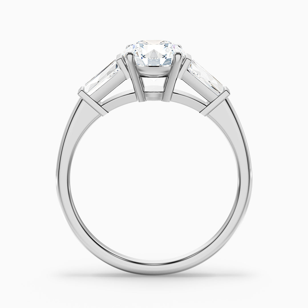 kia 10 carat round 3 stone moissanite diamond ring with side baguette diamonds in platinum -  Side View