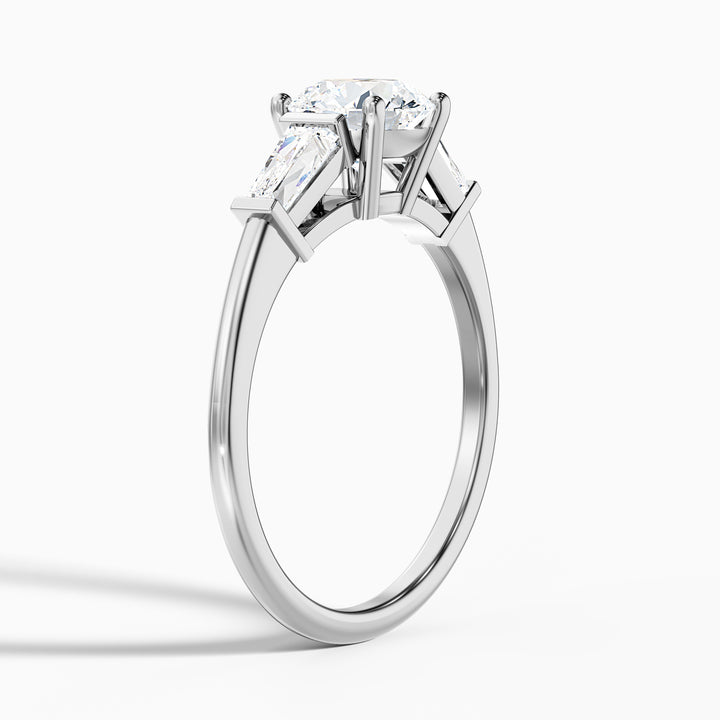 Carly 1 Carat Round 3 Stone Lab Grown Engagement Ring With Side Baguette Diamonds in Platinum - Detail View