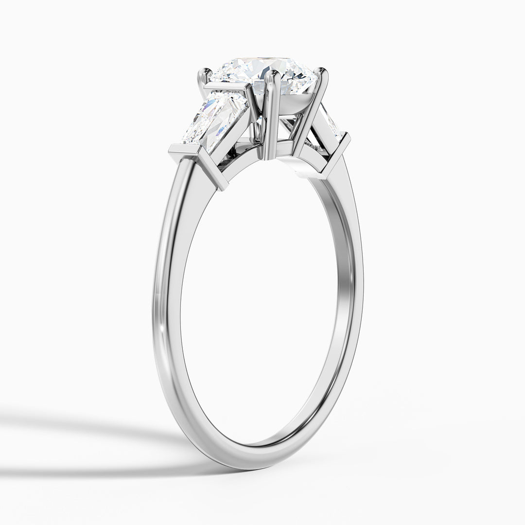 Carly 3 Carat Round 3 Stone Lab Grown Engagement Ring With Side Baguette Diamonds in Platinum - Detail View