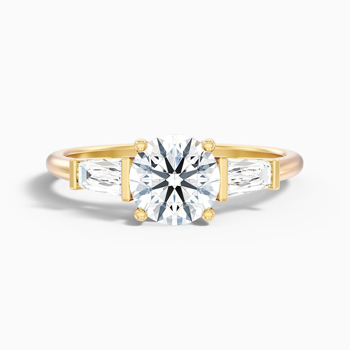 Carly 4 Carat Round 3 Stone Lab Grown Engagement Ring With Side Baguette Diamonds in 18k Yellow Gold - Front View