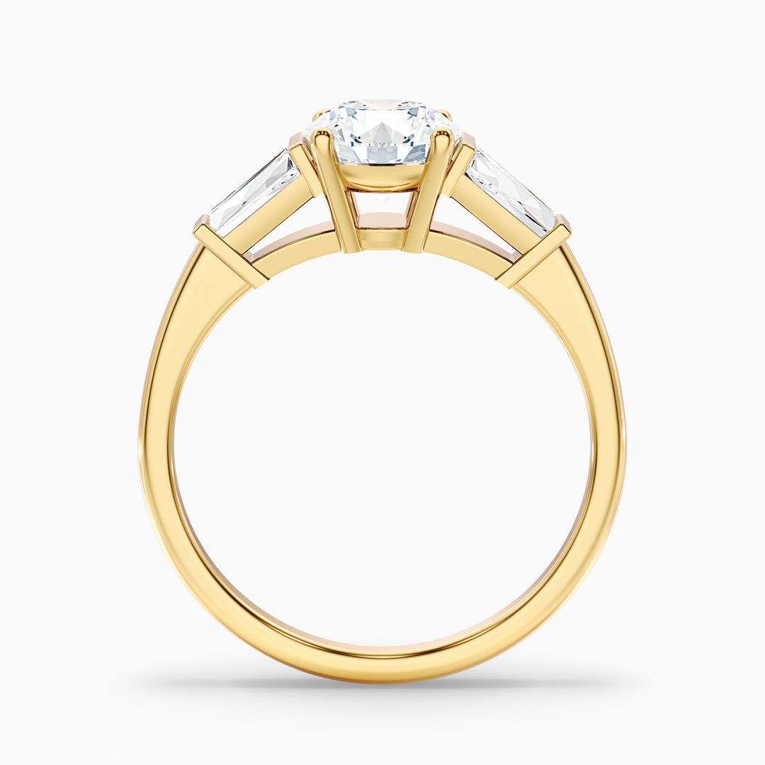 Carly 2.5 Carat Round 3 Stone Lab Grown Engagement Ring With Side Baguette Diamonds in 14k Yellow Gold - Side View