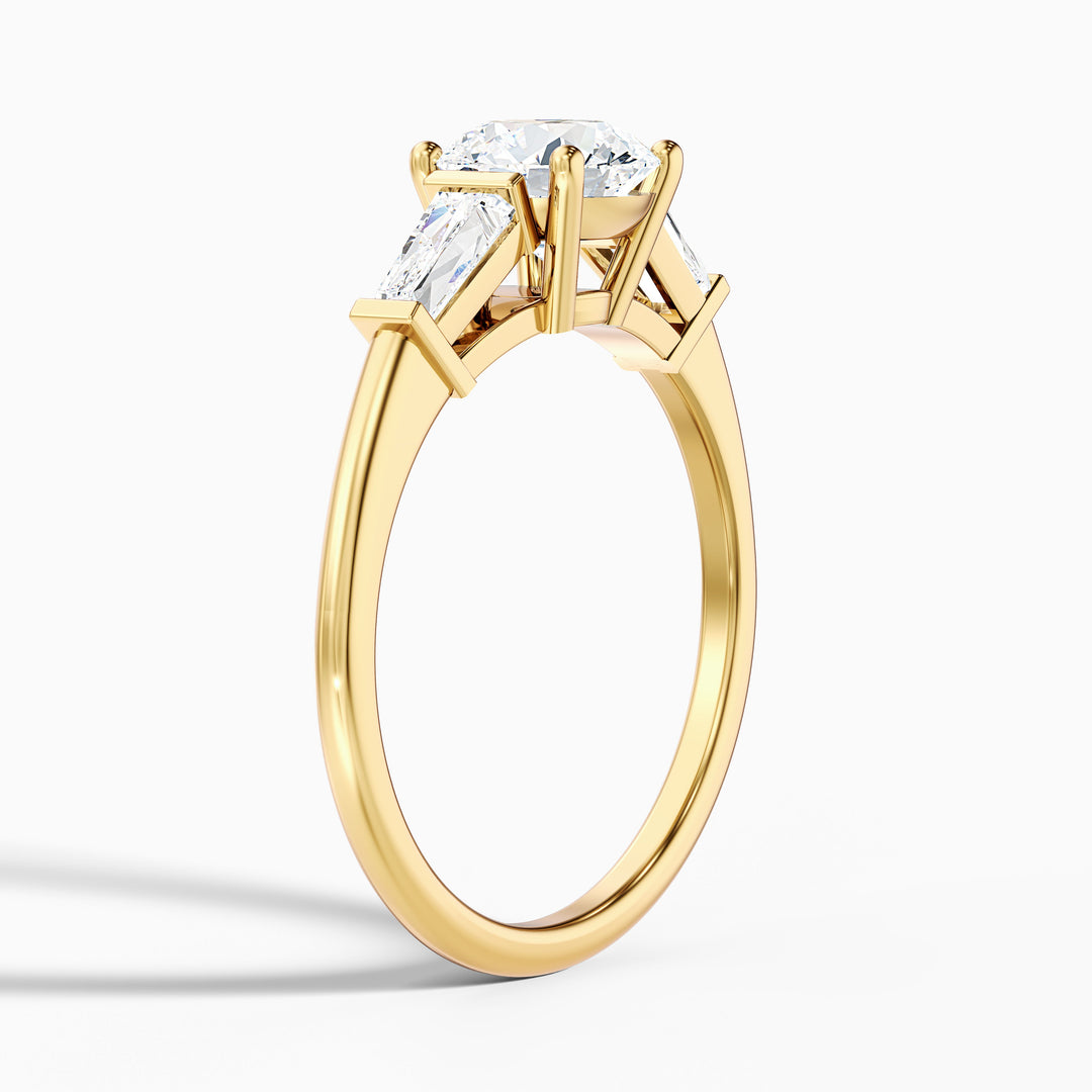 Carly 2.5 Carat Round 3 Stone Lab Grown Engagement Ring With Side Baguette Diamonds in 14k Yellow Gold - Detail View