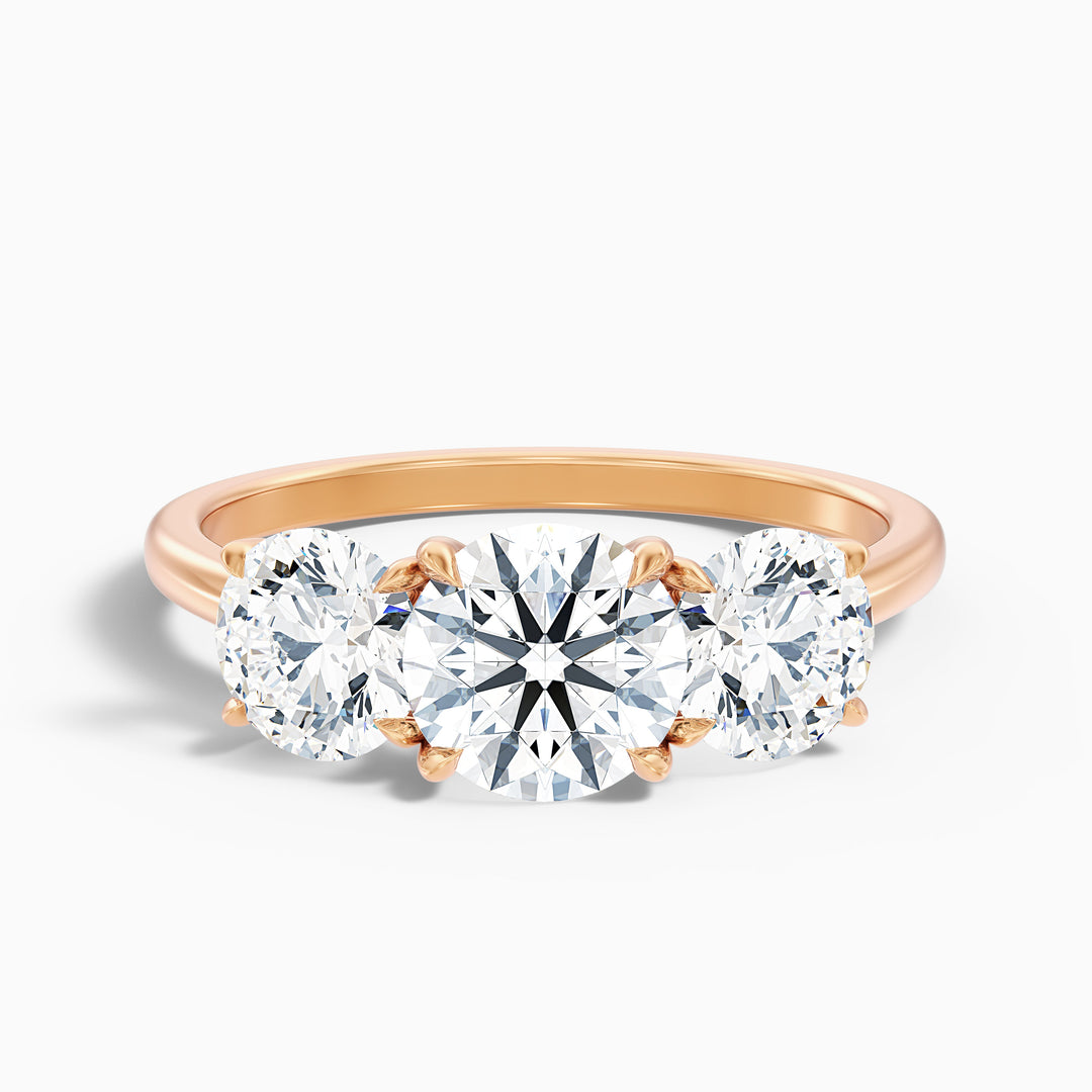 jane 9 carat round three stone moissanite diamond ring in 18k rose gold -  Front View