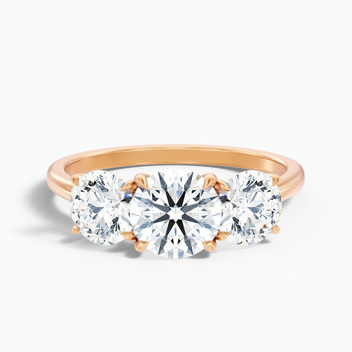 jane 7 carat round three stone moissanite diamond ring in 10k rose gold -  Front View