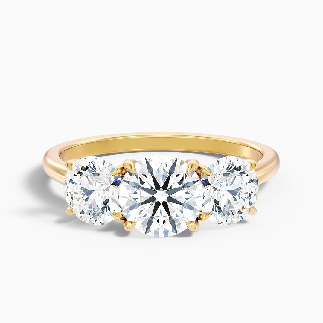 jane 7 carat round three stone moissanite diamond ring in 18k yellow gold -  Front View