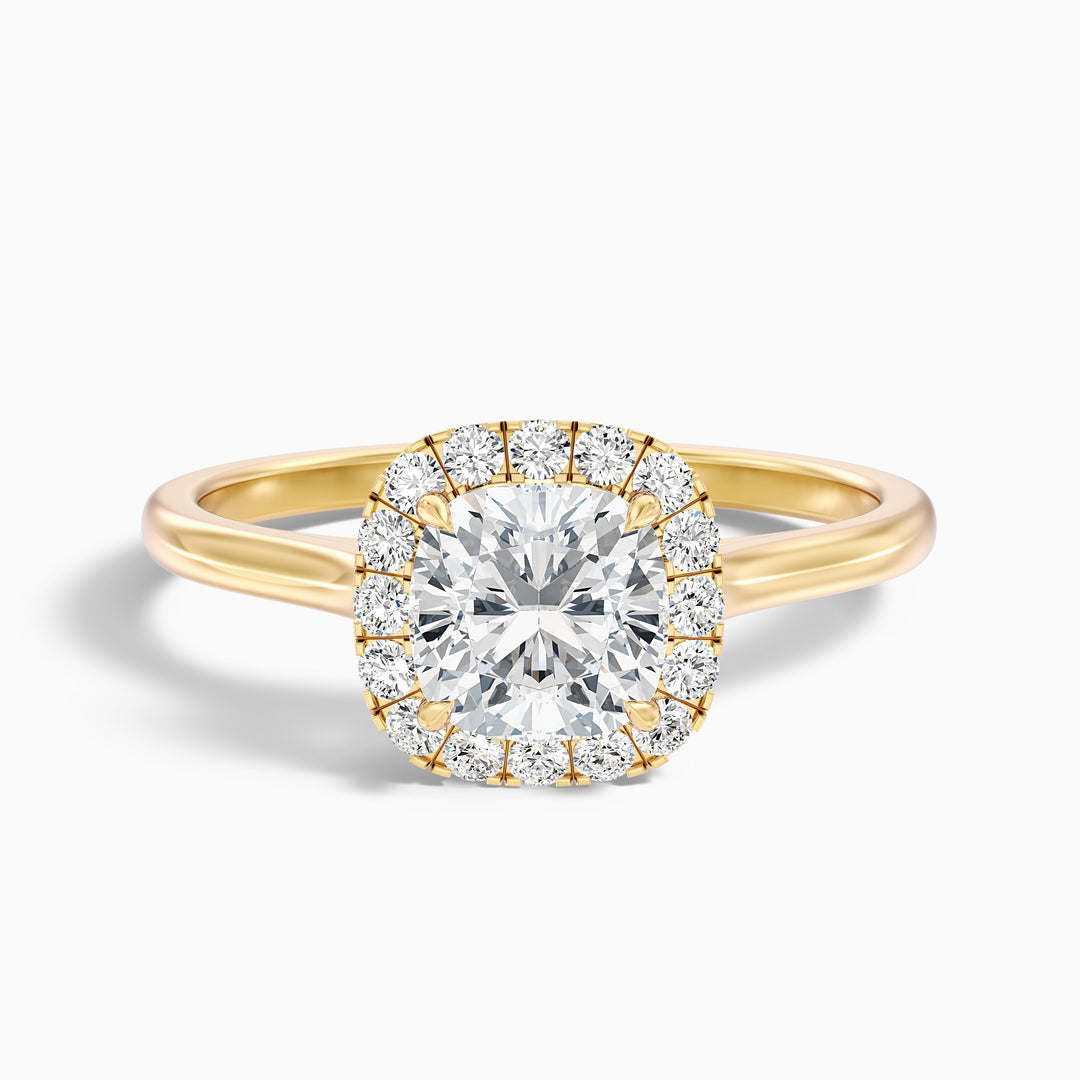 evvy 9 carat cushion cut halo moissanite diamond ring in 10k yellow gold -  Front View