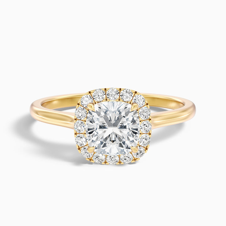 evvy 9 carat cushion cut halo moissanite diamond ring in 10k yellow gold -  Front View